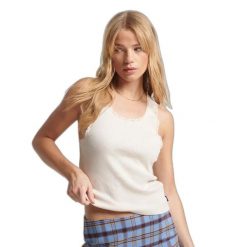 Tank top z koronkowym wykończeniem dla kobiet Superdry. Brązowe topy Superdry, bez wzorów, z koronki, bez kołnierzyka, bez ramiączek. Za 107.05 zł.