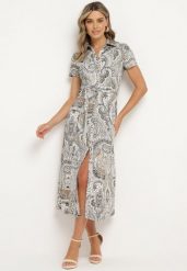 Czarno-Biała Sukienka o Rozkloszowanym Kroju Zapinana na Guziki z Materiałowym Paskiem w Talii Golea. Czarne sukienki Born2be, na lato, l, bez wzorów, z materiału, bez kołnierzyka, bez ramiączek, maxi, rozkloszowane. Za 159.99 zł.