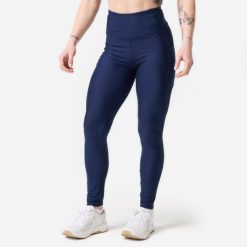 Legginsy sportowe damskie Domyos. Niebieskie legginsy DOMYOS, l, bez wzorów, z materiału, z podwyższonym stanem, na fitness i siłownię. Za 59.99 zł.