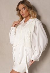 Jasnobeżowa Koszula Nietoperz z Naszytą Kamizelką z Dzianiny Hanoreth. Brązowe koszule Renee, bez wzorów, z dzianiny, eleganckie, bez kołnierzyka, bez ramiączek. Za 129.99 zł.