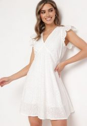 Biała Sukienka z Bawełny o Haftowanym Wykończeniu i Rozkloszowanym Kroju Laveria. Białe sukienki Born2be, l, bez wzorów, z bawełny, eleganckie, bez kołnierzyka, bez ramiączek, mini, rozkloszowane. Za 84.99 zł.