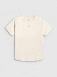 4F Koszulka treningowa regular szybkoschnąca damska - biała S. Białe bluzki 4f, s, bez wzorów, z materiału, bez kołnierzyka, bez ramiączek. Za 99.99 zł.