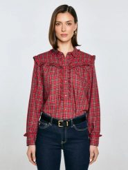 Koszula damska w kratę z ozdobnymi falbankami czerwona Frilo 000. Czerwone koszule Big Star, l, bez wzorów, z bawełny, biznesowe, bez kołnierzyka, bez ramiączek. W wyprzedaży za 139.99 zł.