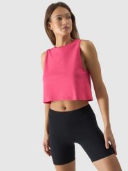 4F Crop-top oversize gładki damski - różowy M. Czerwone topy 4f, m, bez wzorów, z bawełny, bez kołnierzyka, bez ramiączek. W wyprzedaży za 29.99 zł.