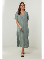 Lin Passion Lniana sukienka w kolorze khaki rozmiar: 38/40. Brązowe sukienki Lin Passion, bez wzorów, ze lnu, klasyczne, bez kołnierzyka, bez ramiączek, midi. Za 176.08 zł.