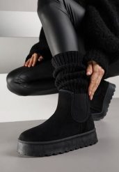 Czarne Śniegowce na Grubej Podeszwie w Stylu Sztybletów Avrenna. Czarne trapery i śniegowce Born2be, z jeansu. Za 89.99 zł.