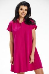 Trapezowa sukienka mini z pękniętym dekoltem fuksja. Czerwone sukienki Awama, m, bez wzorów, eleganckie, bez kołnierzyka, bez ramiączek, mini, trapezowe. Za 289.00 zł.