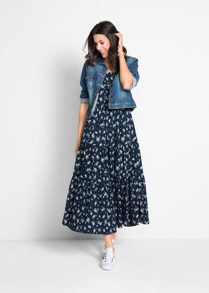 Sukienka z czystej bawełny. Niebieskie sukienki bonprix, na lato, bez wzorów, z bawełny, bez kołnierzyka, bez ramiączek, maxi. Za 169.99 zł.