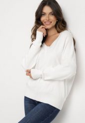 Biały Sweter z Dekoltem w V z Domieszką Kaszmiru Mariara. Białe swetry Born2be, uniwersalny, bez wzorów, z jeansu, bez ramiączek. Za 119.99 zł.