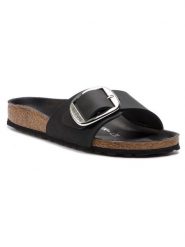 Birkenstock Klapki Madrid Big Buckle 1006523 Czarny. Czarne klapki Birkenstock, bez wzorów, z nubiku, bez obcasa. Za 589.99 zł.