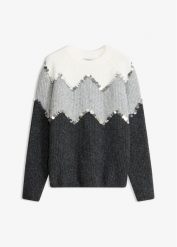 Sweter z aplikacją z cekinów. Szare swetry bonprix, z aplikacjami, bez ramiączek. Za 159.99 zł.