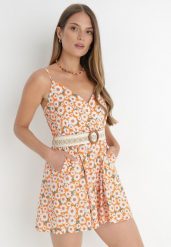 Pomarańczowy Kombinezon z Paskiem Harra. Brązowe sukienki Born2be, na lato, l, z aplikacjami, z bawełny, boho, bez kołnierzyka, bez ramiączek, mini, kopertowe. Za 84.99 zł.
