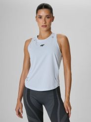 4F Top treningowy regular szybkoschnący damski - niebieski XS. Niebieskie koszulki sportowe 4f, bez wzorów, bez ramiączek, na fitness i siłownię. Za 99.99 zł.
