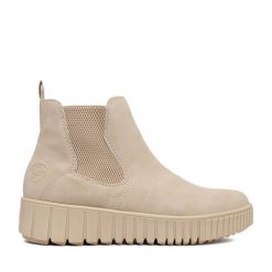 Botki Rieker. Brązowe botki Rieker, bez wzorów, bez obcasa, na płaskiej podeszwie, bez zapięcia. Za 349.99 zł.