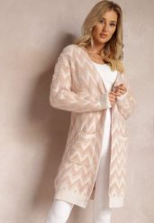Różowy Niezapinany Kardigan o Przedłużonym Fasonie w Zygzaki Chevron Oherna. Czerwone kardigany Renee, bez wzorów, z tkaniny. Za 99.99 zł.