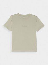 4F T-shirt regular z nadrukiem damski - oliwkowy/khaki S. Brązowe t-shirty 4f, s, bez wzorów, z bawełny, bez kołnierzyka, bez ramiączek. W wyprzedaży za 29.99 zł.