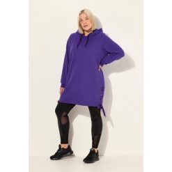 Damskie Długa bluza z kapturem tasiemka satynowa kaptur długi rękaw. Fioletowe bluzy Ulla Popken, plus size, bez wzorów, z bawełny, z kapturem. Za 294.99 zł.