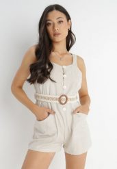 Jasnobeżowy Kombinezon z Bawełny Pheneope. Brązowe sukienki Born2be, l, bez wzorów, z bawełny, boho, bez kołnierzyka, bez ramiączek, mini. Za 84.99 zł.
