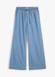 Dżinsy Wide Leg, mid waist, wygodny pasek. Niebieskie jeansy bonprix, bez wzorów. Za 117.99 zł.