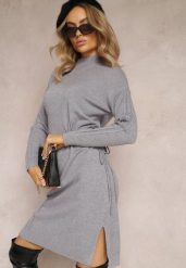 Szara Mini Pudełkowa Sukienka ze Sznurkiem w Talii oraz Półgolfem Agaira. Szare sukienki Renee, m, bez wzorów, bez kołnierzyka, bez ramiączek, mini. Za 79.99 zł.