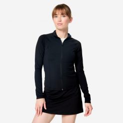 Bluza damska Domyos Gym & Pilates rozpinana. Czarne bluzy DECATHLON, l, bez wzorów, z elastanu, bez kaptura. Za 159.99 zł.
