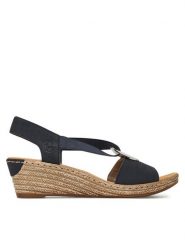 Rieker Sandały CEO-624H6-14 Granatowy. Niebieskie sandały Rieker, bez wzorów, ze skóry, bez obcasa, na koturnie, bez zapięcia. Za 299.99 zł.