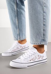 Biało-Czarne Ażurowe Trampki pod Kostkę ze Sznurowaniami Zelimia. Białe trampki Renee, w ażurowe wzory, z materiału, bez zapięcia. Za 64.99 zł.