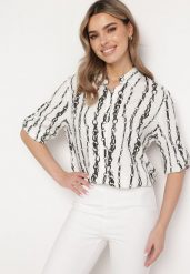 Biała Koszula z Bawełny i Wiskozy w Łańcuszkowy Wzór Zirenia. Białe koszule Born2be, l, bez wzorów, z bawełny, eleganckie, bez kołnierzyka, bez ramiączek. Za 44.99 zł.