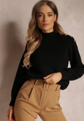 Czarny Sweter Dzianinowy z Długim Rękawem i Guzikami Kithi. Czarne swetry Renee, bez wzorów, z dzianiny, bez ramiączek. Za 129.99 zł.