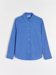 Koszula regular fit w paski - niebieski. Niebieskie koszule Sinsay, l, bez wzorów, bez kołnierzyka, bez ramiączek. Za 39.99 zł.
