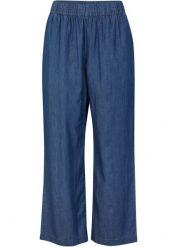 Lekkie dżinsy z gumką w talii, szerokie nogawki. Niebieskie jeansy bonprix, bez wzorów. Za 72.99 zł.