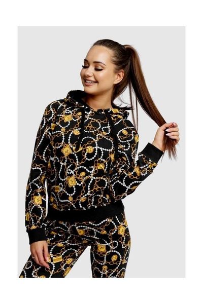 MOSCHINO Bluza damska z kapturem w złote łańcuchy, Rozmiar M. Czarne bluzy MOSCHINO, m, bez wzorów, prążkowane, z kapturem. W wyprzedaży za 476.99 zł.