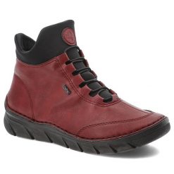 Bordowe Botki Rieker Wygodne Obuwie Damskie. Czerwone botki Rieker, bez wzorów, ze skóry ekologicznej, bez obcasa, bez zapięcia. Za 305.99 zł.