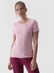 4F T-shirt slim z nadrukiem damski - różowy XS. Czerwone t-shirty 4f, xs, bez wzorów, z bawełny, bez kołnierzyka, bez ramiączek. W wyprzedaży za 39.99 zł.