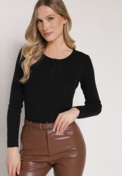 Czarny Sweter z Wiskozą Zdobiony Metaliczną Nicią i Guzikami przy Dekolcie Lianola. Czarne swetry Born2be, s, z aplikacjami, z dzianiny, bez ramiączek. Za 79.99 zł.
