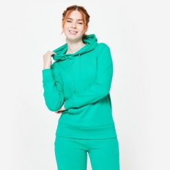 Bluza z kapturem damska Domyos Gym & Pilates. Zielone bluzy DOMYOS, l, bez wzorów, z bawełny, z kapturem. Za 99.99 zł.