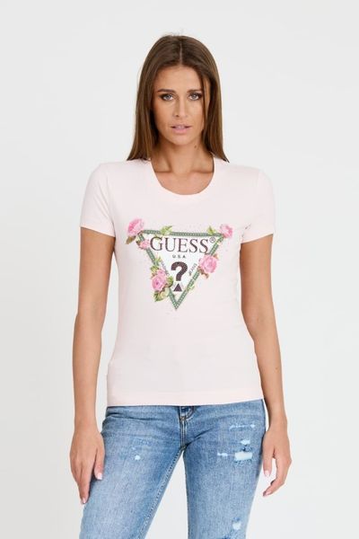 GUESS Różowy damski t-shirt Floral Triangle Tee, Rozmiar M. Czerwone t-shirty Guess, m, z aplikacjami, bez kołnierzyka, bez ramiączek. W wyprzedaży za 119.99 zł.