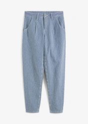 Dżinsy o baryłkowatym kroju w paski, mid waist. Niebieskie jeansy bonprix, bez wzorów. Za 147.99 zł.