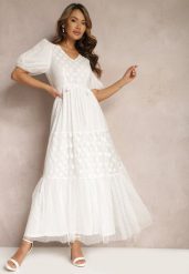 Biała Maxi Sukienka Tiulowa Rozkloszowana z Paskiem i Bufiastymi Rękawami Bervilla. Białe sukienki Renee, l, bez wzorów, z tiulu, eleganckie, bez kołnierzyka, bez ramiączek, maxi, rozkloszowane. Za 139.99 zł.