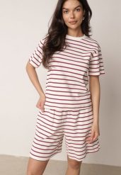 Czerwono-Białe Bawełniane Szorty w Paski z Wysokim Stanem w Stylu Casual Naunea. Białe szorty Born2be, bez wzorów, z bawełny, casualowe, z podwyższonym stanem. Za 59.99 zł.