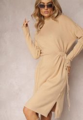 Beżowa Mini Pudełkowa Sukienka ze Sznurkiem w Talii oraz Półgolfem Agaira. Brązowe sukienki Renee, m, bez wzorów, bez kołnierzyka, bez ramiączek, mini. Za 74.99 zł.