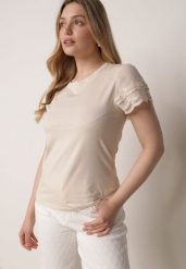 Beżowy Bawełniany T-shirt z Koronkowymi Rękawami Carilynore. Brązowe t-shirty Born2be, m, bez wzorów, z bawełny, bez kołnierzyka, bez ramiączek. Za 59.99 zł.