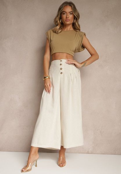 Beżowe Spodnie Culottes High Waist z Bawełny Zdobione Guzikami Izuma. Brązowe spodnie materiałowe Renee, na co dzień, l, z aplikacjami, z bawełny, z podwyższonym stanem. Za 79.99 zł.