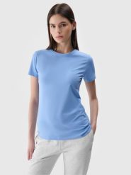 4F T-shirt slim gładki damski - niebieski L. Niebieskie t-shirty 4f, l, bez wzorów, z bawełny, bez kołnierzyka, bez ramiączek. Za 39.99 zł.