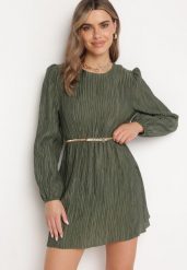 Ciemnozielona Rozkloszowana Sukienka z Gumką w Pasie i Długim Rękawem Biasha. Zielone sukienki Born2be, na co dzień, m, bez wzorów, eleganckie, bez kołnierzyka, bez ramiączek, mini, dopasowane. Za 99.99 zł.