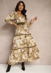 Beżowa Sukienka Rozkloszowana z Kopertowym Dekoltem Falbanami i Paskiem Fezisha. Brązowe sukienki Renee, na co dzień, l, bez wzorów, eleganckie, bez kołnierzyka, bez ramiączek, maxi, kopertowe. Za 104.99 zł.