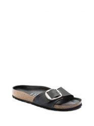 Birkenstock Skórzane klapki w kolorze czarnym rozmiar: 41. Czarne klapki Birkenstock, bez wzorów, z nubiku, z otwartym noskiem, bez obcasa. Za 465.55 zł.