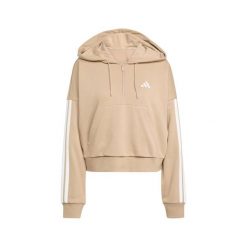 Bluza damska Essentials 3-Stripes French Terry Hoodie Quarter Zip. Brązowe bluzy Adidas, bez wzorów, z bawełny, z kapturem. Za 200.99 zł.