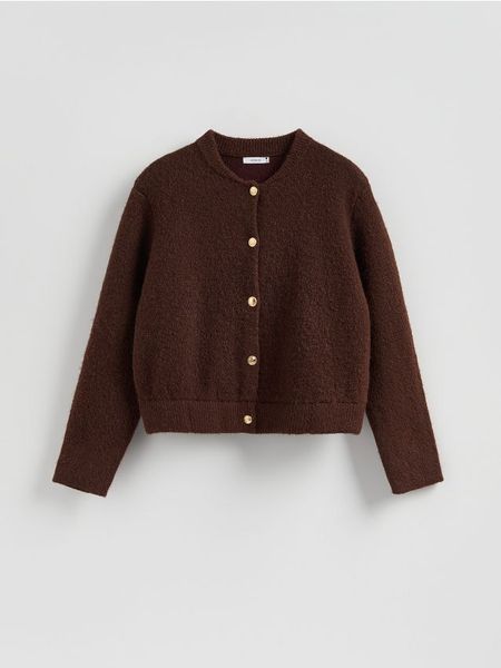 Kardigan z dekoracyjnymi guzikami - brązowy. Brązowe kardigany Reserved, l, bez wzorów, z dzianiny. Za 159.99 zł.