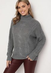 Ciemnoszary Golf z Wiskozą o Kroju Oversize z Tłoczonym Wzorem Rivlemi. Szare golfy Born2be, m, bez wzorów, z materiału, bez ramiączek. Za 84.99 zł.